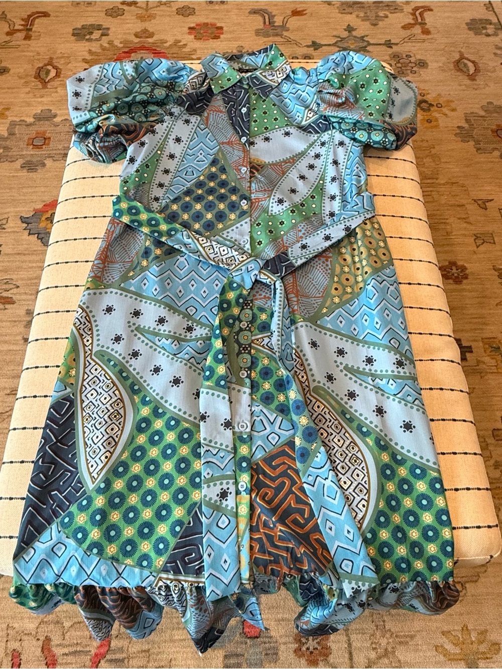 Women's Blue & Green Printed Button-Front Shirt Dress with Tie Belt